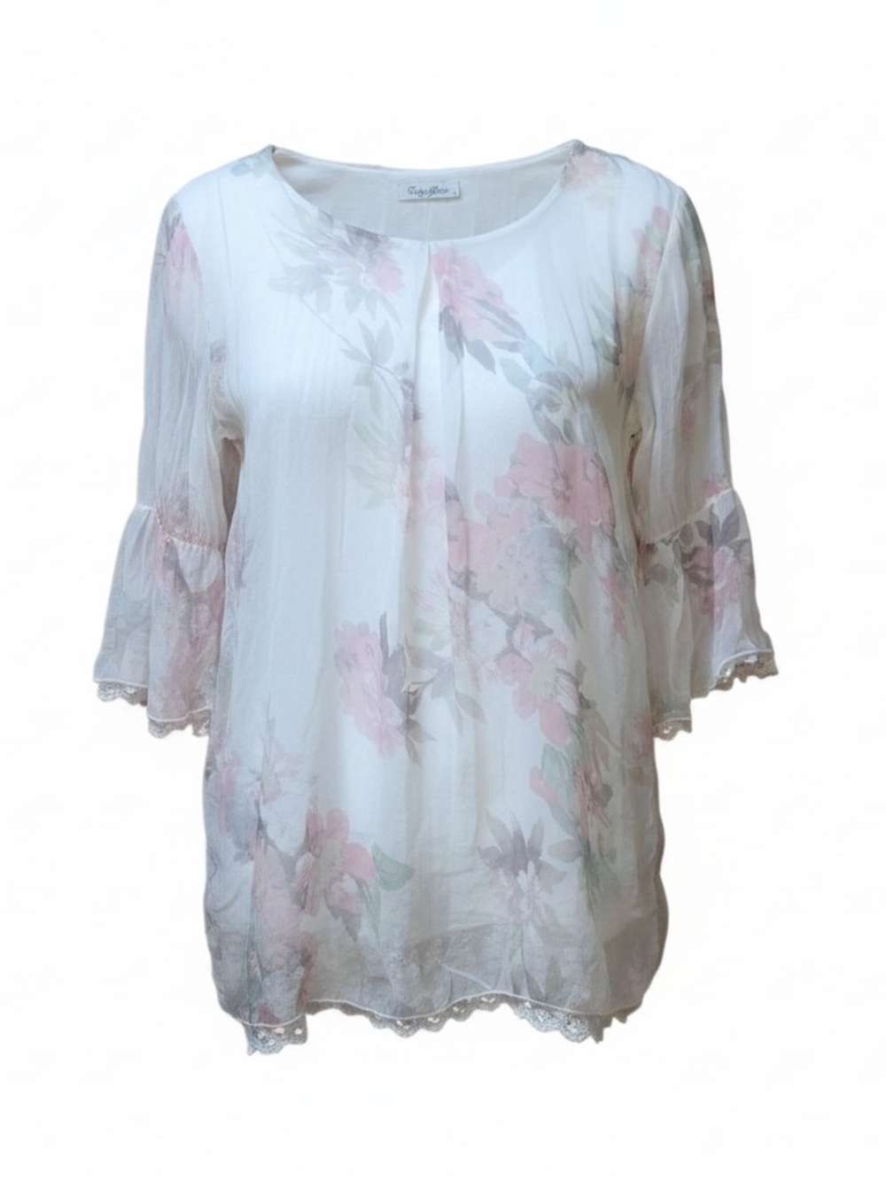 ELENA BALDI | Romantic Bell Sleeve Italy 100% Silk Floral Lagenlook Blouse | M
